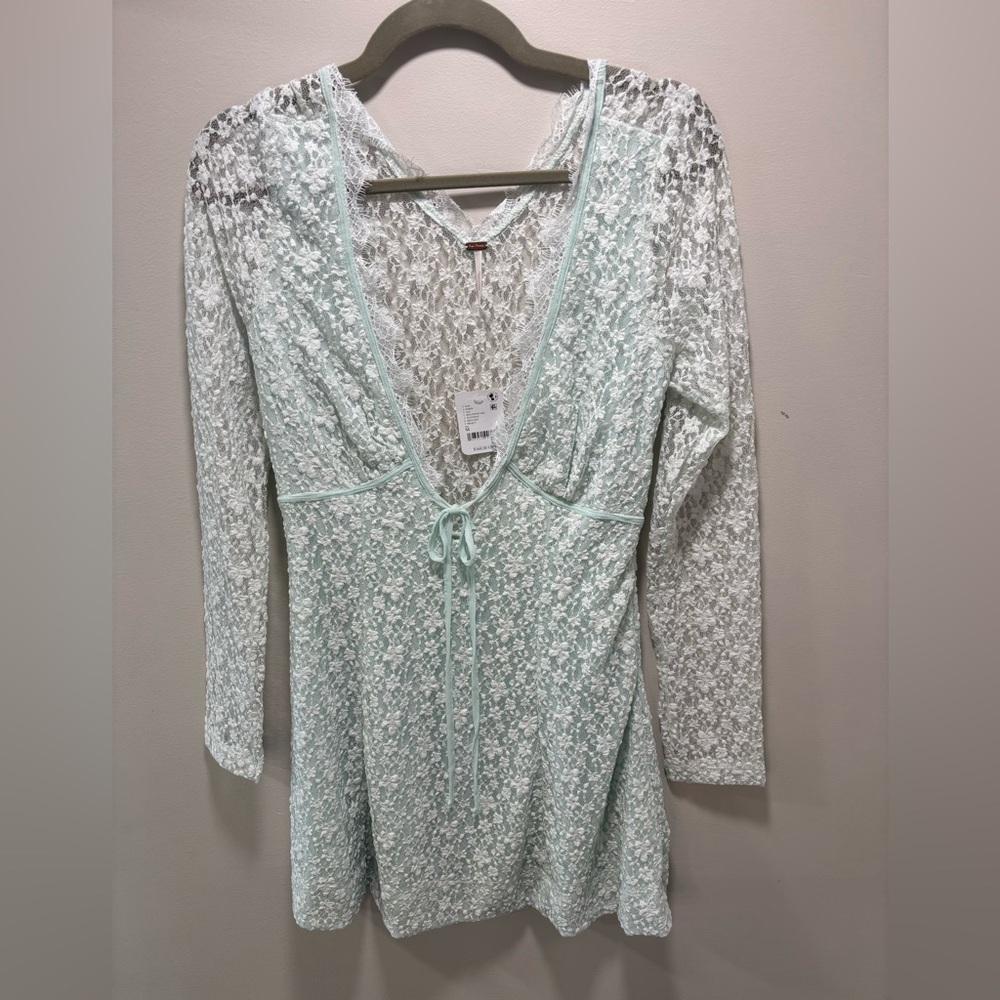 Free People Mint Lace V-Neck Tie Mini Dress
